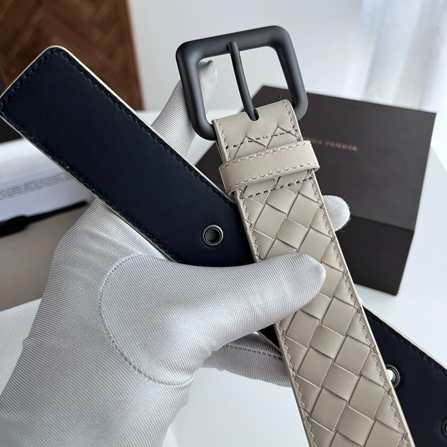 Bottega Veneta intreccio woven cowhide double-sided belt 3.5cm wide