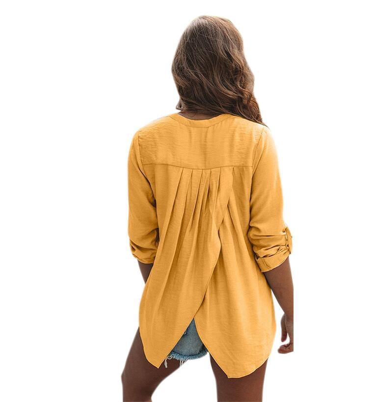 Women Blouse V Neck Shirts Ladies Plain Work Long Sleeve Tops Pleated Casual
