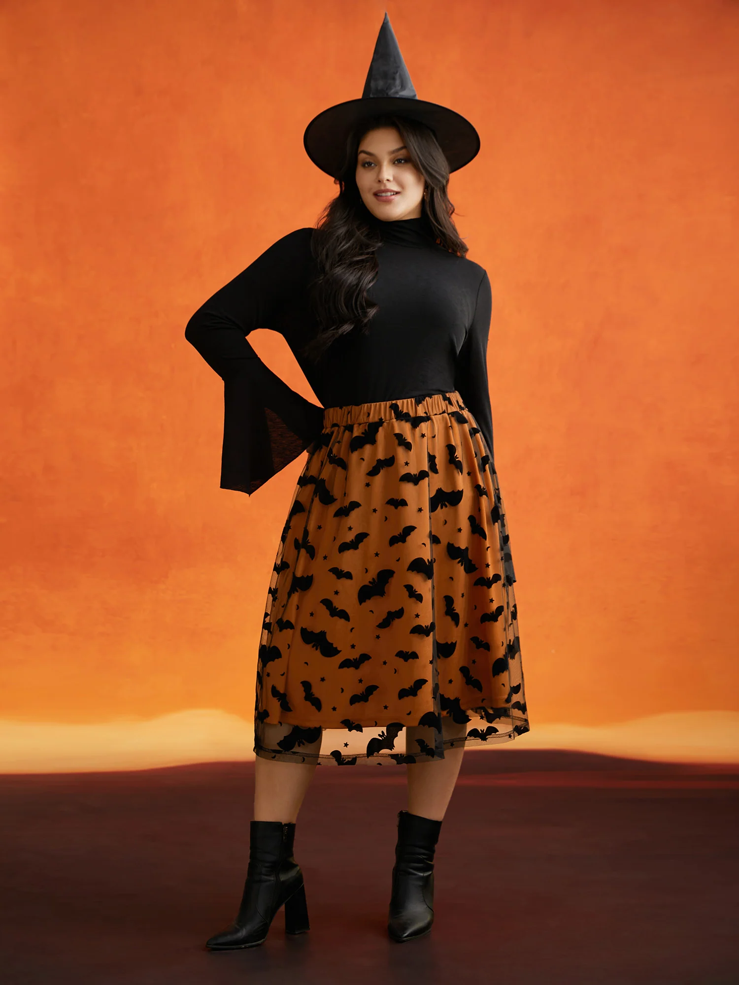 Bat Motif A-Line Midi Skirt