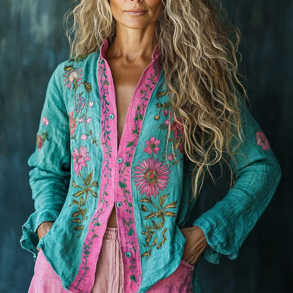 Bohemian Holiday Style Linen Floral Print  Long Sleeve Shirt