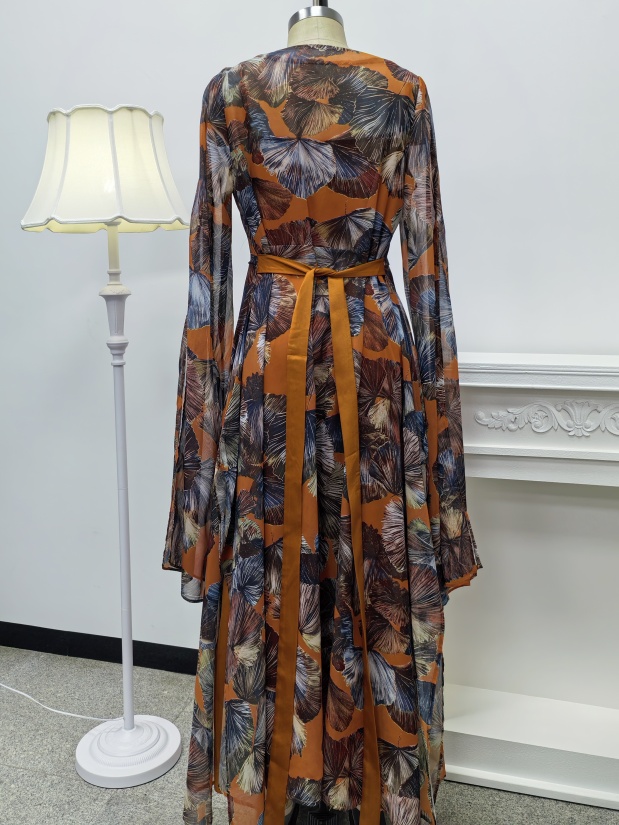 Gorgeous Print Chiffon Beaded Jalabiya Two-Piece Set with Belt
