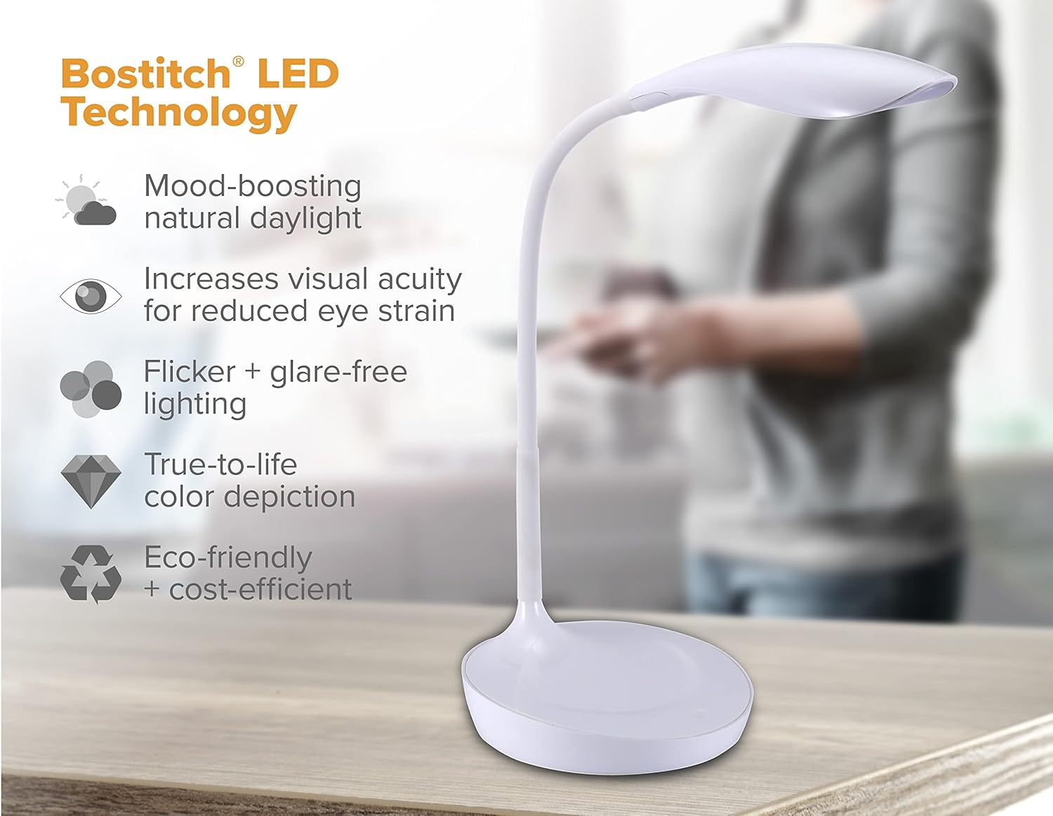 Bostitch Office LED Gooseneck Desk Lamp with USB Charging Port, 3 Dimming Levels, Touch Control, Blue (VLED1502-BLUE)