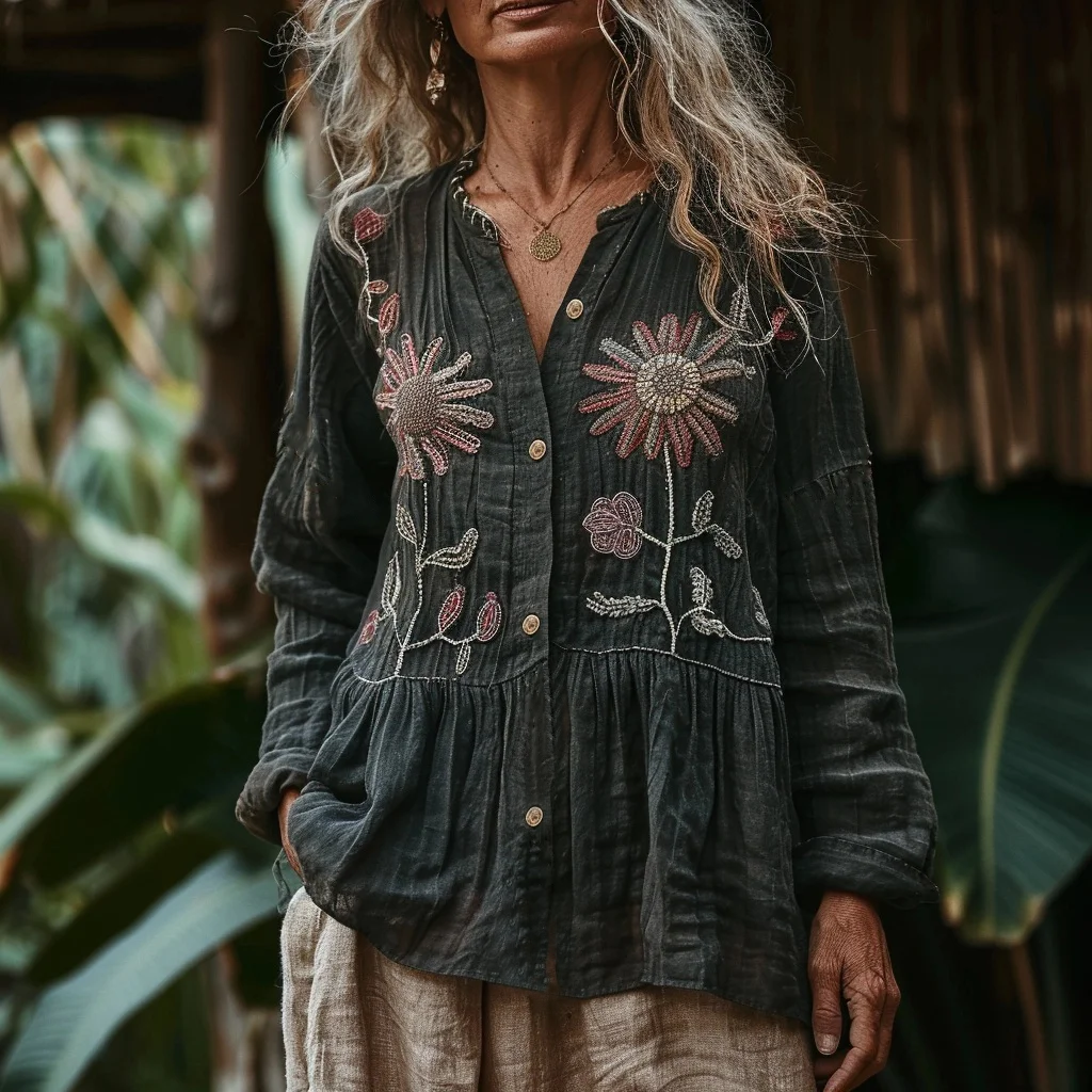 Bohemian Style Linen Floral Art Print Long Sleeve Loose  Shirt