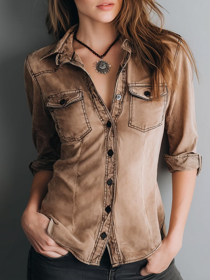 Women's Vintage Washed Contrast Stitched Shirt