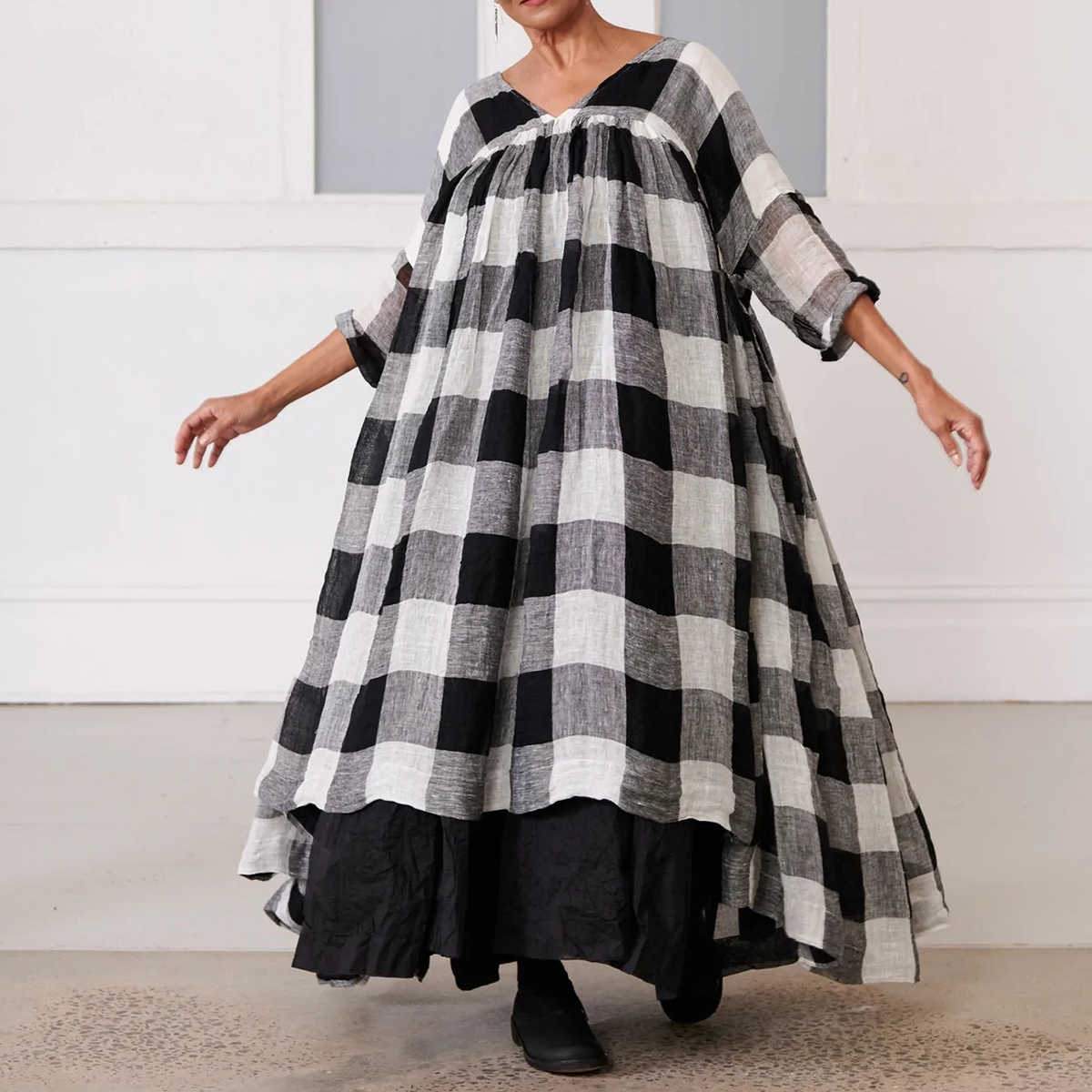 Plaid Comfortable Casual Loose V-Neck Maxi Dress