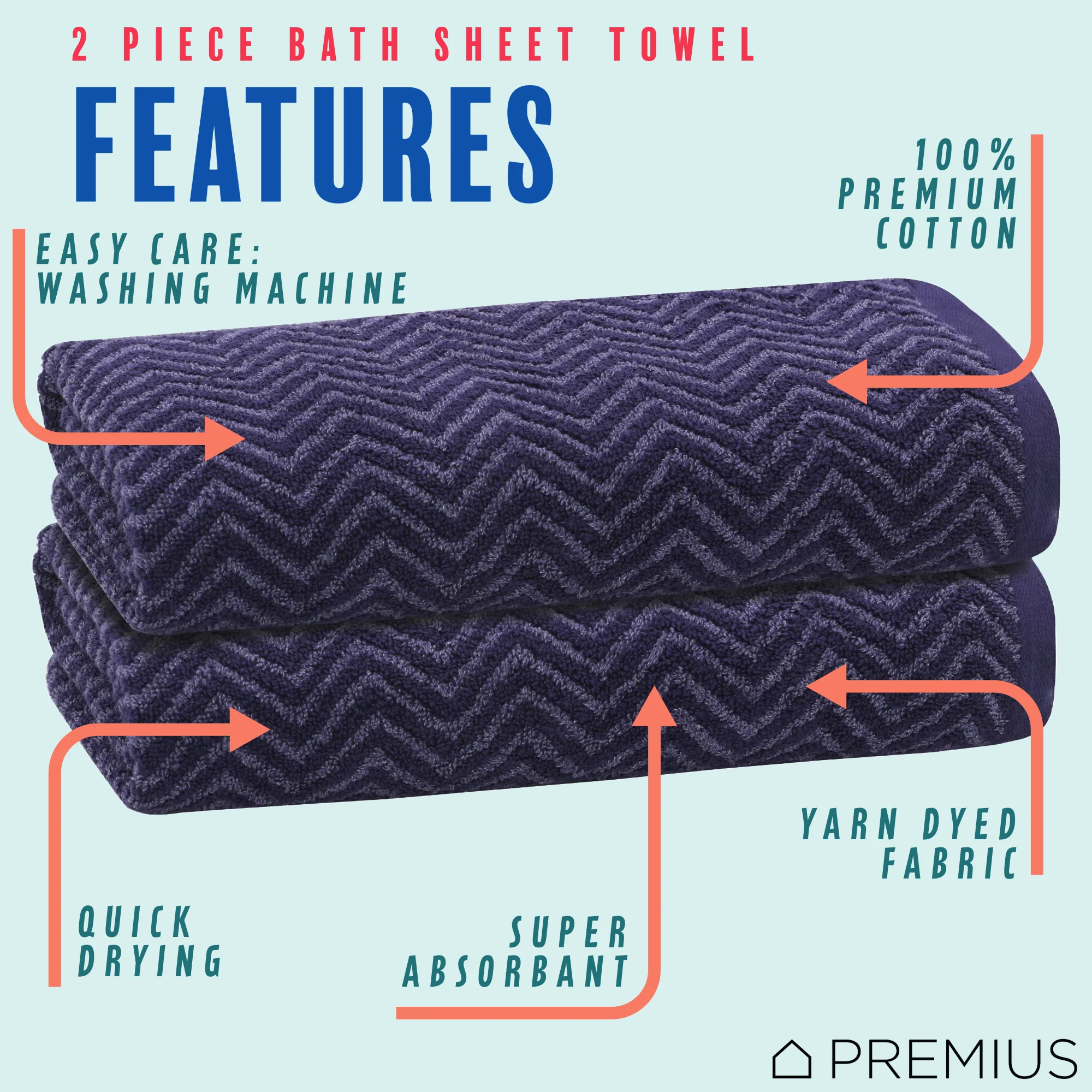 PREMIUS 2 Pack Chevron 100% Cotton Yarn Dyed Bath Sheet Towel, 32x64 Inches
