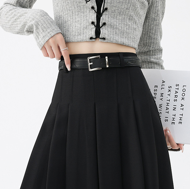 Black High waist show thin pleated skirt belt suit skirt