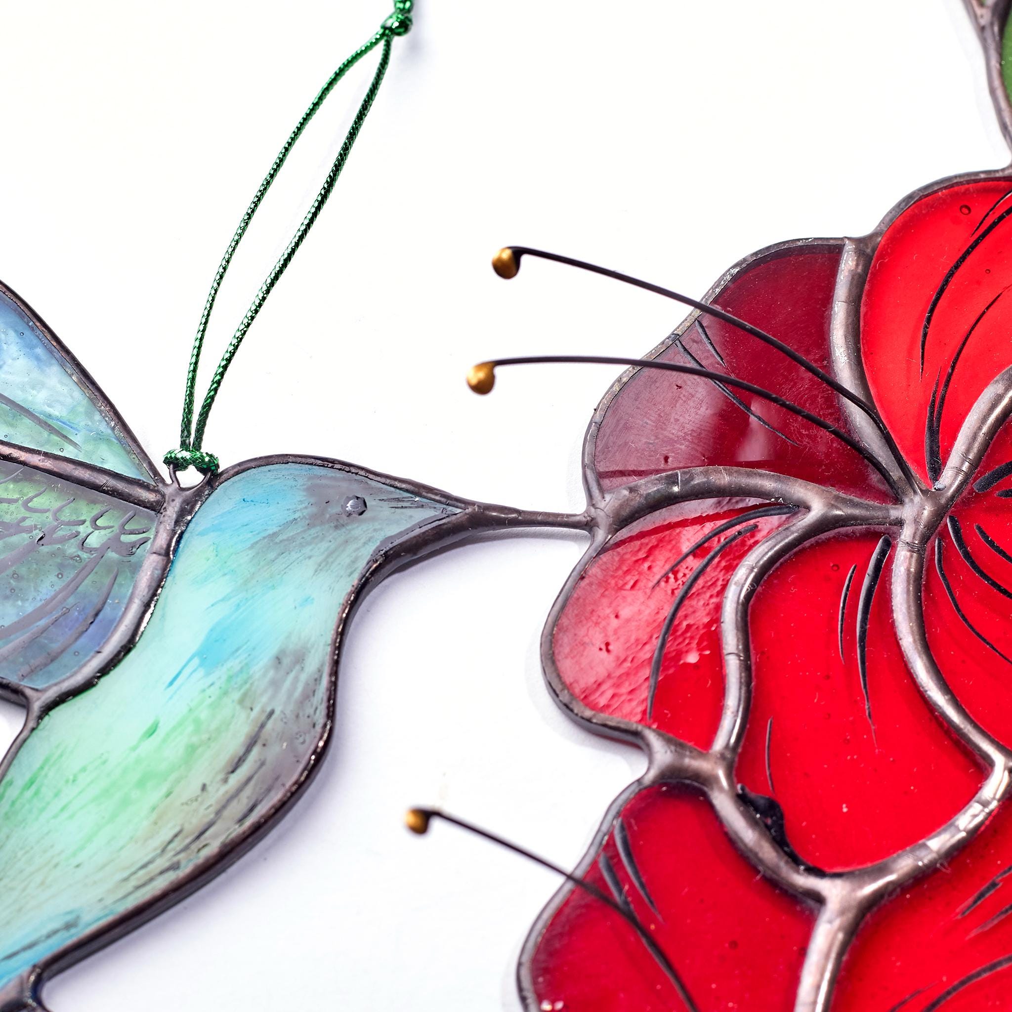 🔥2025 ON SALE🔥Stained Glass Hummingbird Window Corner with Red Hibiscus Flowers