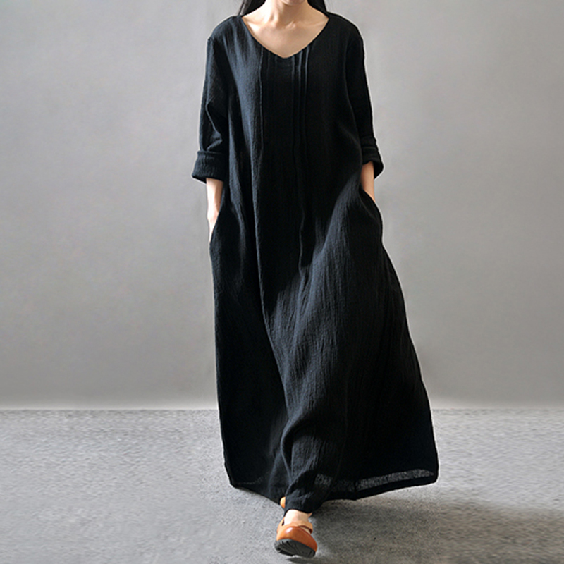 Solid Color Pleat Pocket Casual Maxi Dress