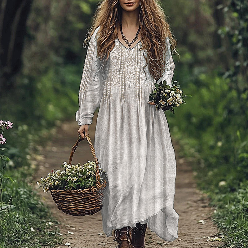 Vintage Turquoise Floral Pintucked Flowy Linen Blend Maxi Dress