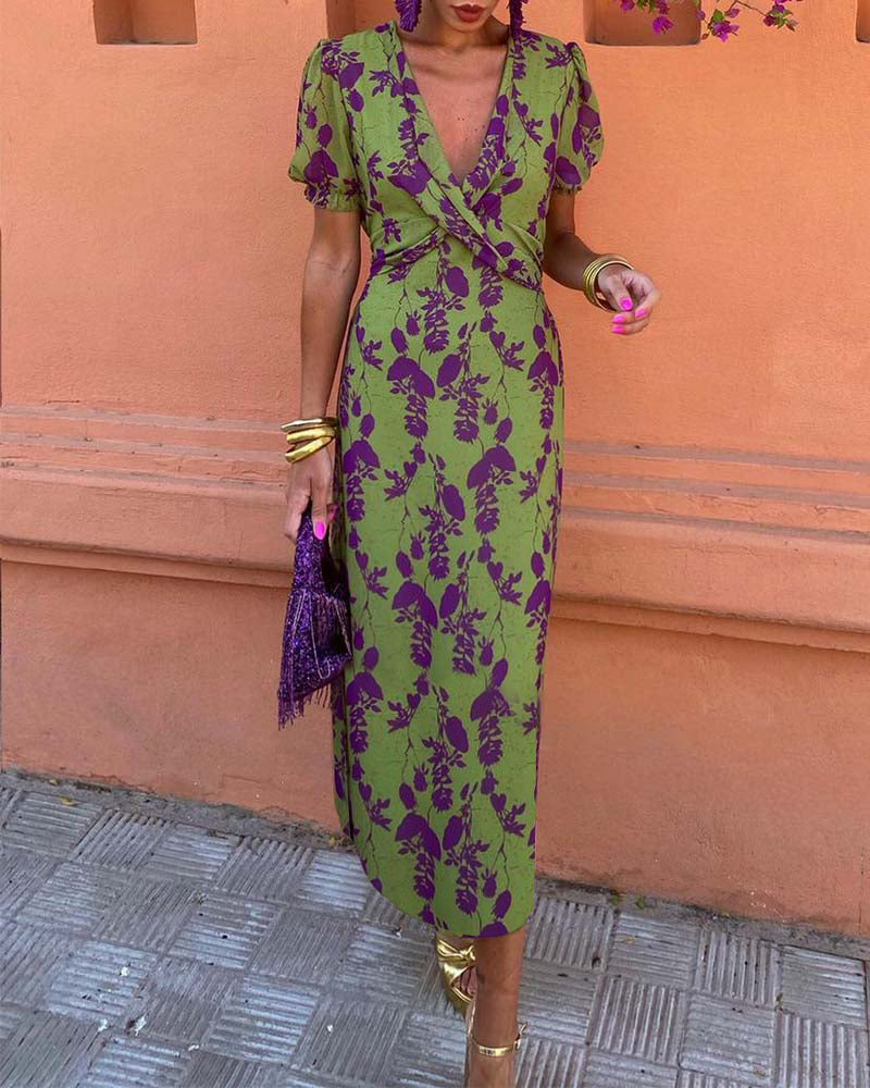 Floral Puff Sleeve Midi Dress