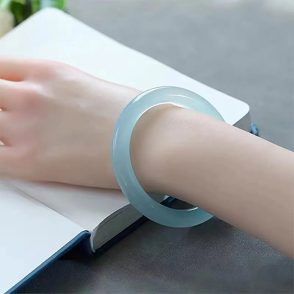 6mm Round Chalcedony Blue Women's Bangle Natural Jade Charm Jadeite Couple Bracelet High Quality Fine Jewelry Holiday Gifts