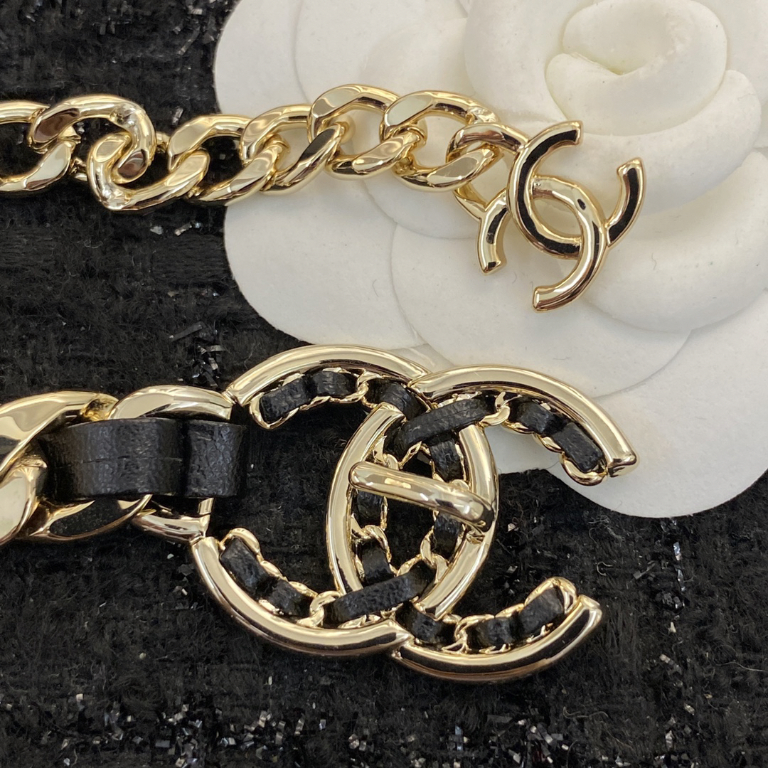Chanel black leather gold waist chain