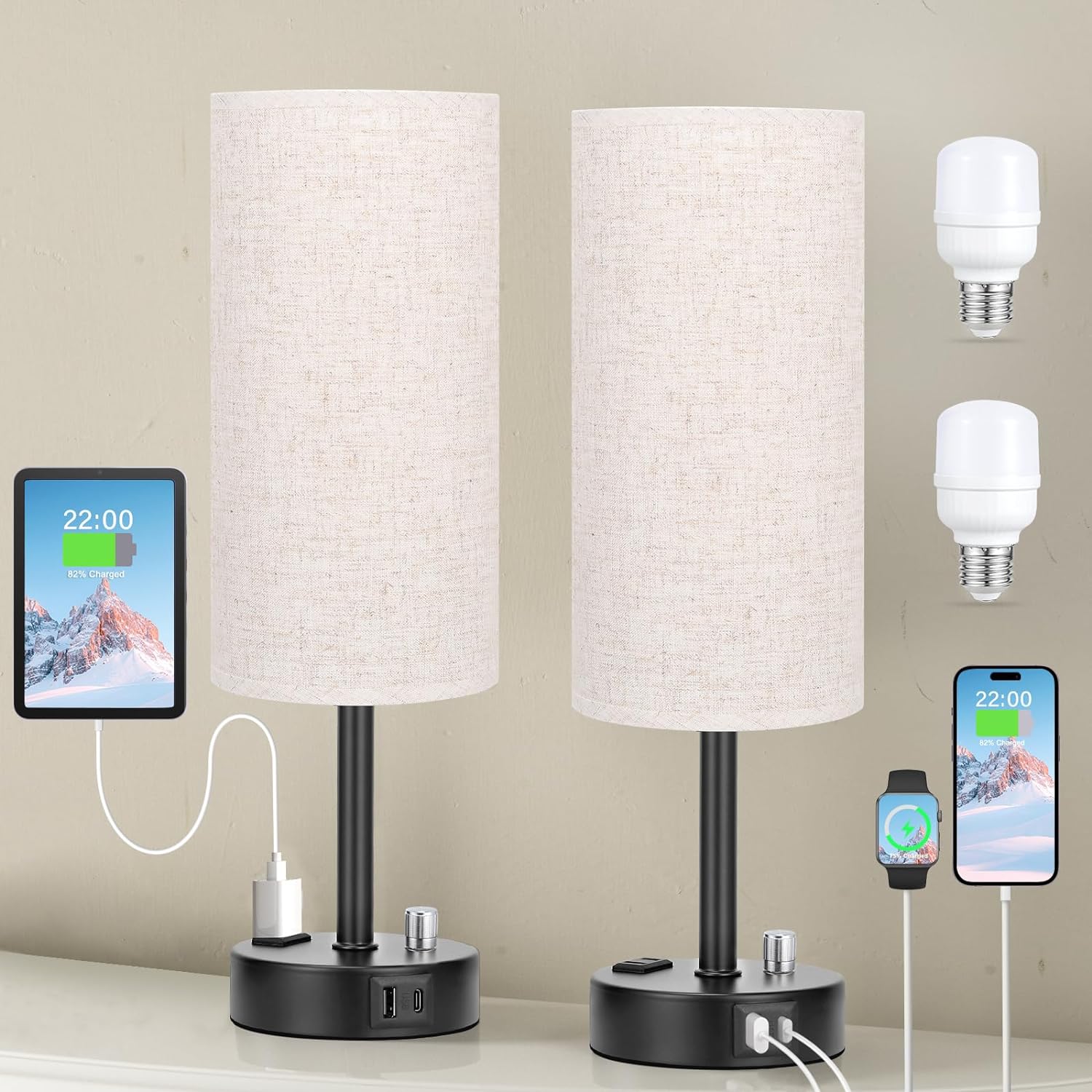 Bedside Table Lamp for Bedroom - 3 Way Dimmable Touch Lamp USB C Charging Ports and AC Outlet, Small Lamp Wood Base Round Flaxen Fabric Shade for Living Room, Desk, LED Bulb Included