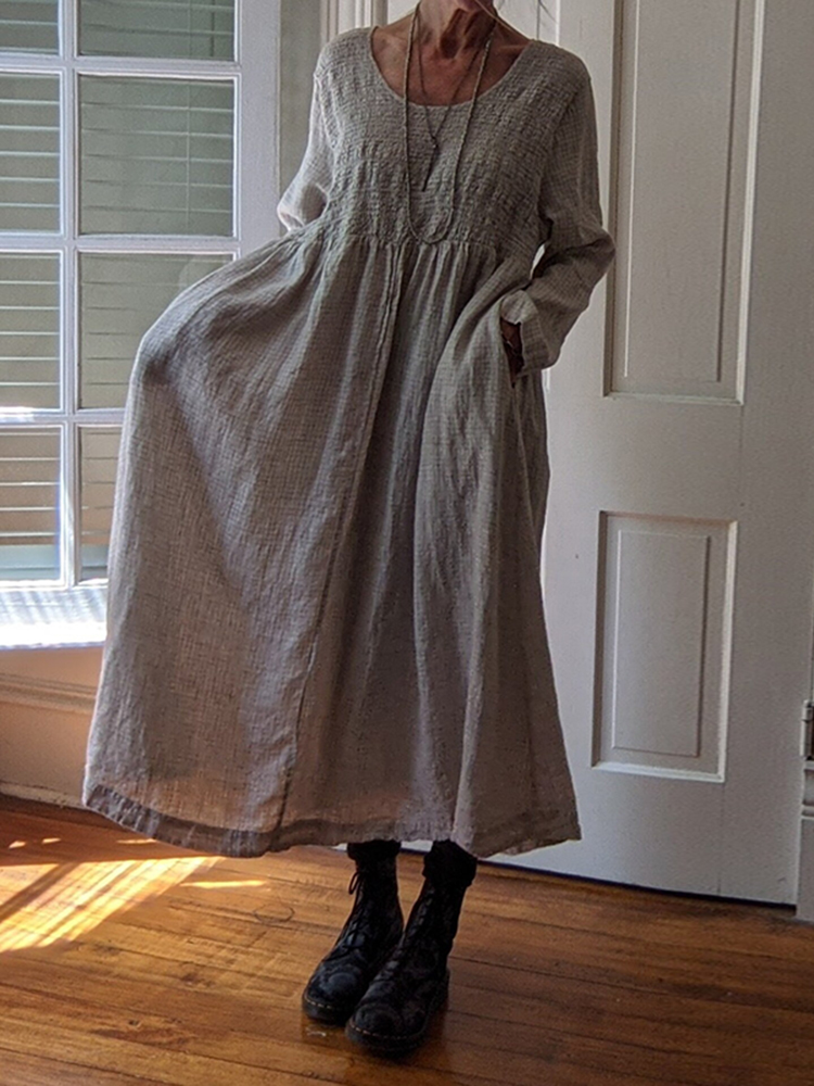 Solid Color Comfortable Casual Pleated Design Patchwork Long Sleeved Maxi Dress
