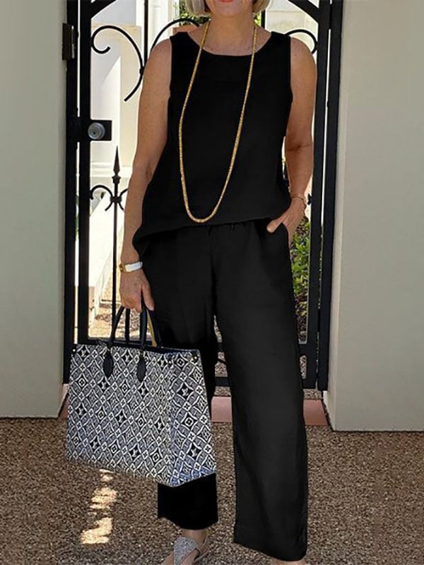Casual Solid Cotton Linen Sleeveless Suit