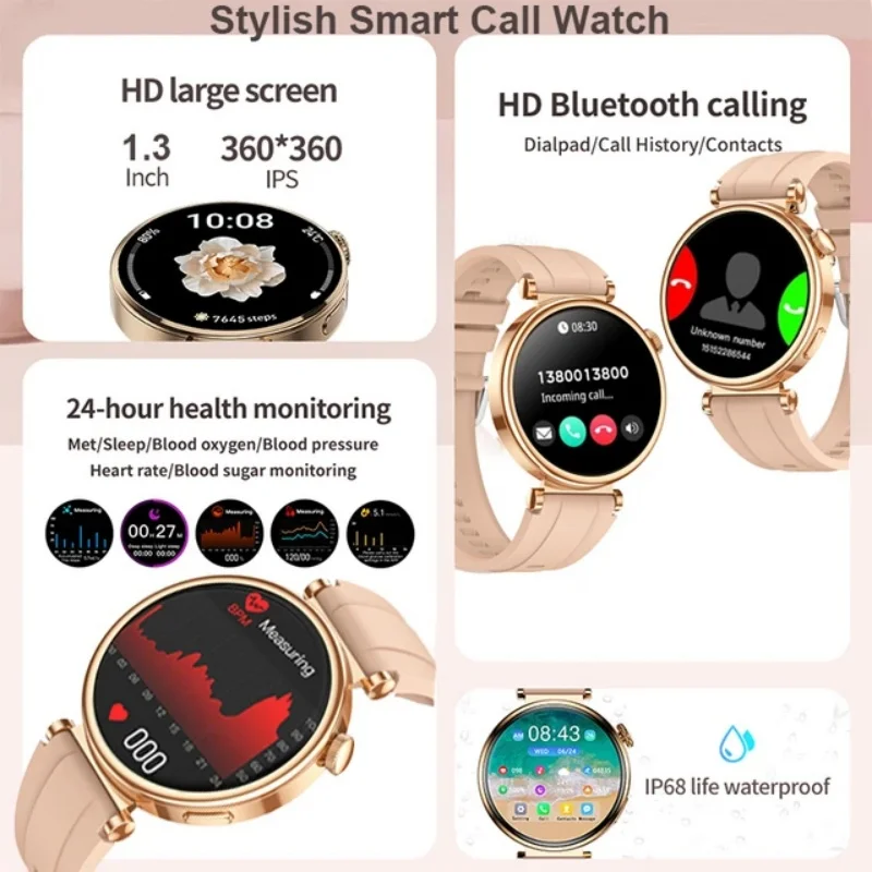 New Women's AMOLED Smartwatch HD Bluetooth Talk 1.3inch Full Screen Touch IP68 Waterproof Women's Smartwatch for Huawei Xiaomi