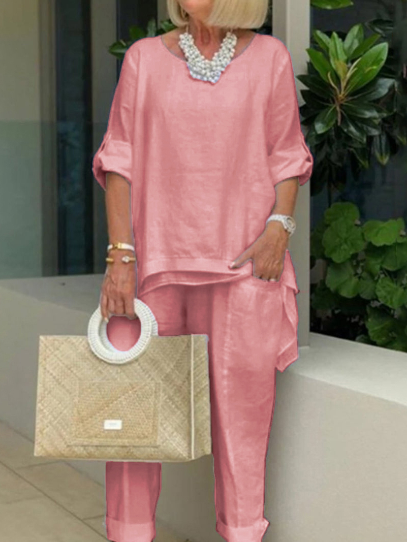 Casual Cotton Linen Solid Two Piece Set