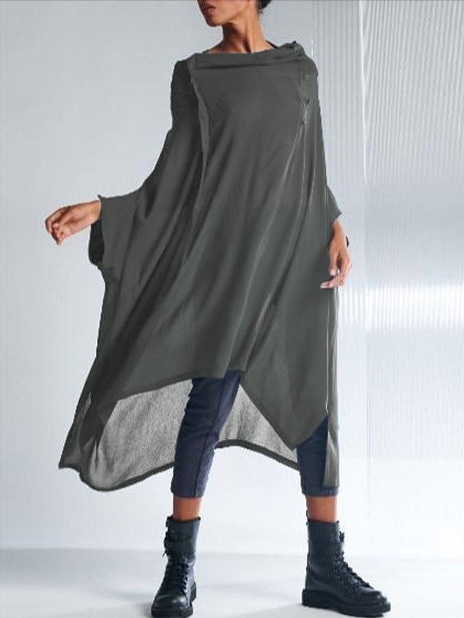 Loose Solid Color Pile Neck Asymmetric Hem Midi Shirt