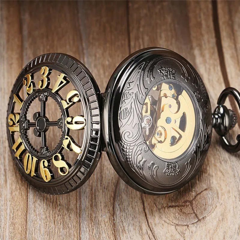 Antique Black Pocket Watch Skeleton Automatic Mechanical Watches for Men Women Arabic Number Half Hunter Clock Pendant Chain