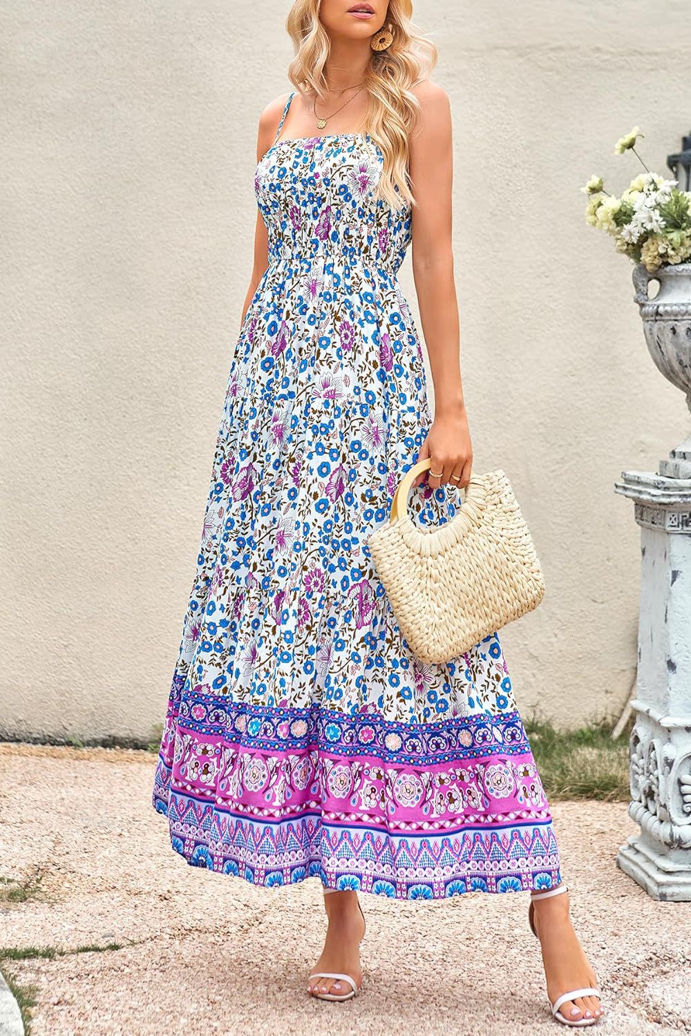 Blue and purple Retro Floral Bohemian dress with adjustable shoulder straps