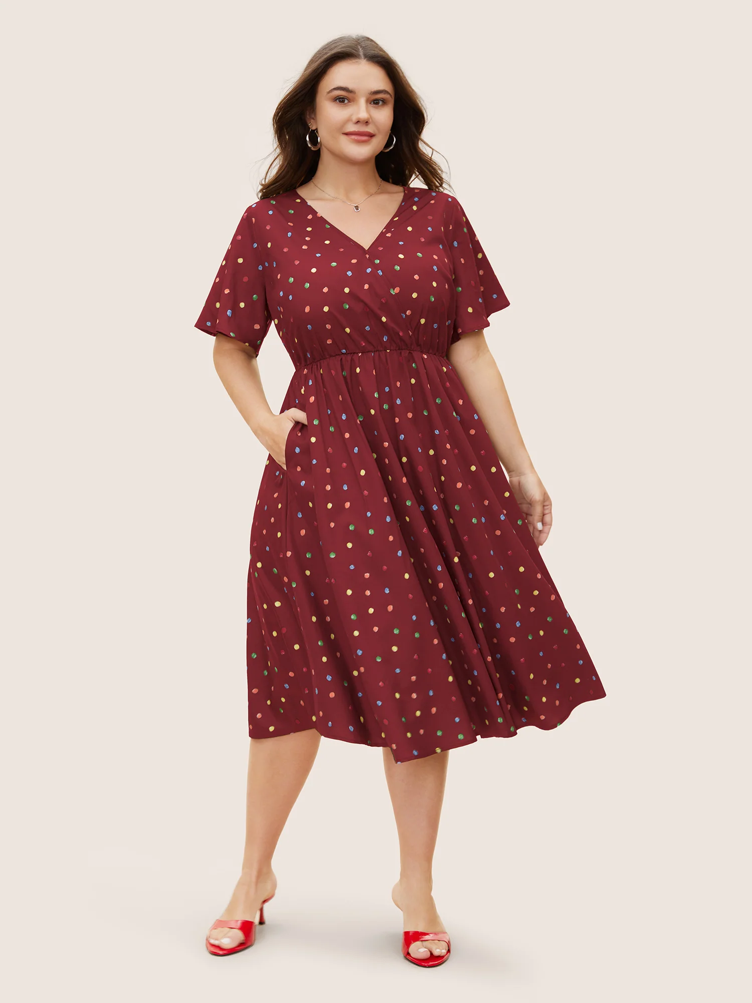 Colored Polka Dot Overlap Collar Midi Dress