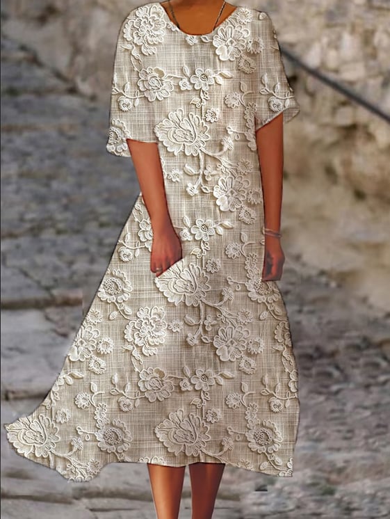 Women's Floral Embroidery Print Cotton And Linen Dress