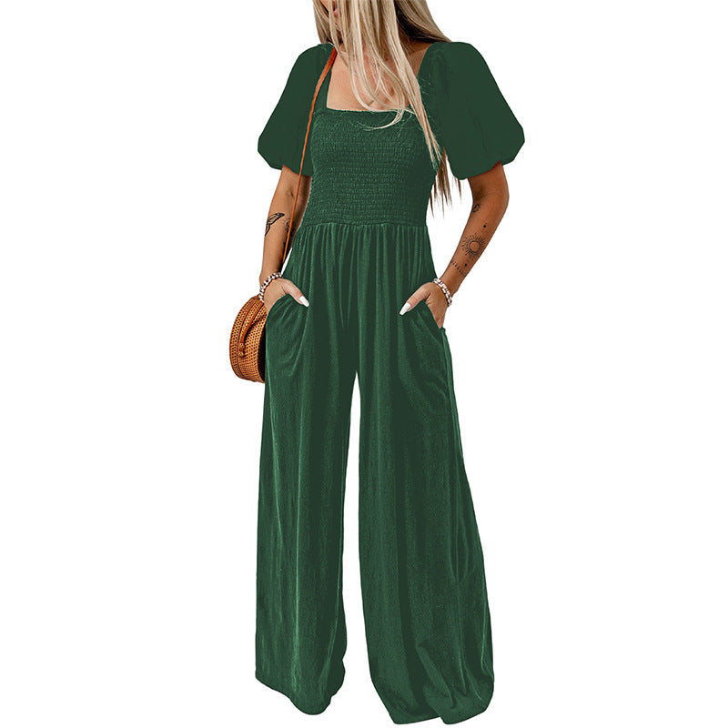 Women's Short Sleeve Jumpsuit with Square Collar