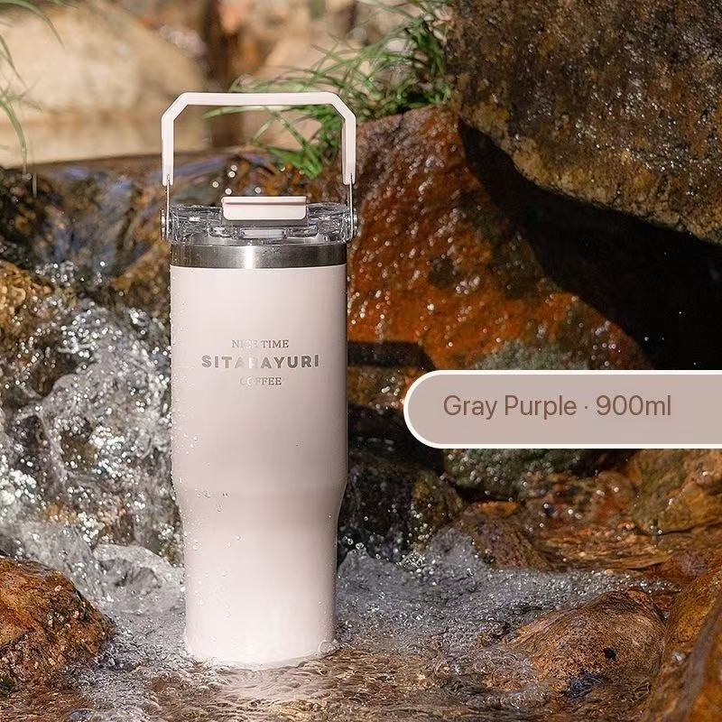 Portable stainless steel thermos flask, stylish design, convenient dual-drink straw water bottle, car water cup