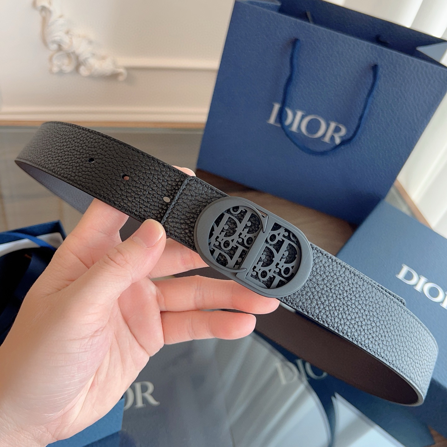 Dior coffee black double-faced cowhide belt width 3.5cm