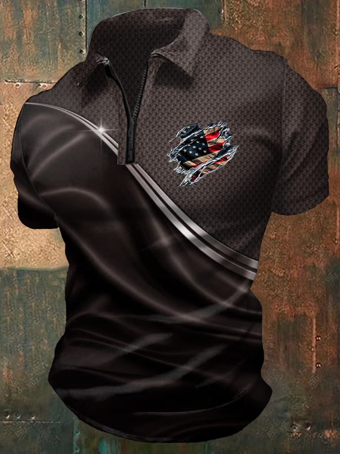 Men's Casual Independence Day Flag Print Polo Shirt