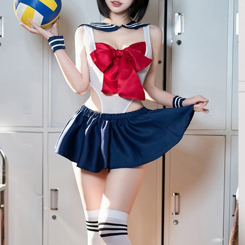 Cosplay Sailor Collar Hollow Out Bow Lingerie Set
