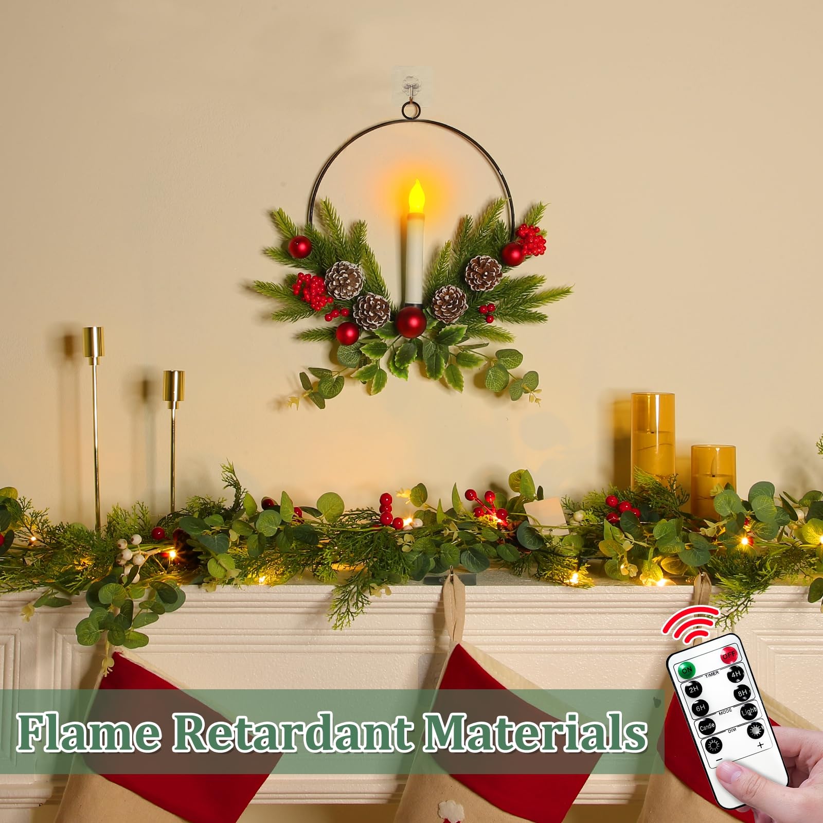 🎄CHRISTMAS ON SALE🎄Christmas Front Door & Window Wreaths with LED Candles & Timer Remote