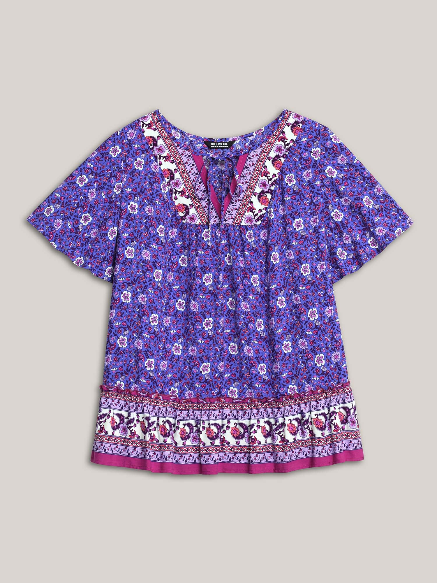 Boho Floral Print Neck Tie Blouse