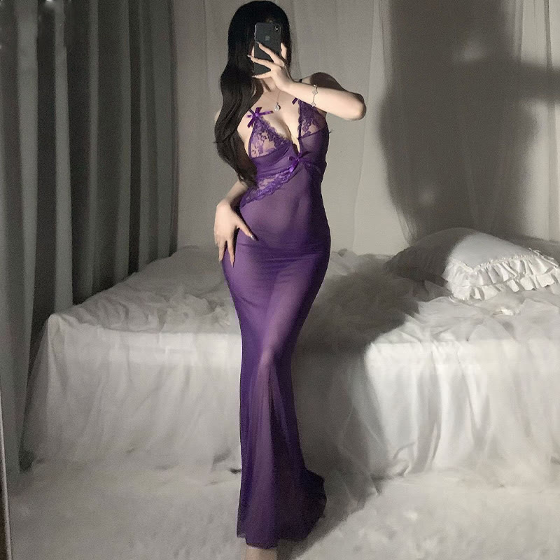 Deep V-neck Lace See-through Slip Lingerie Dress