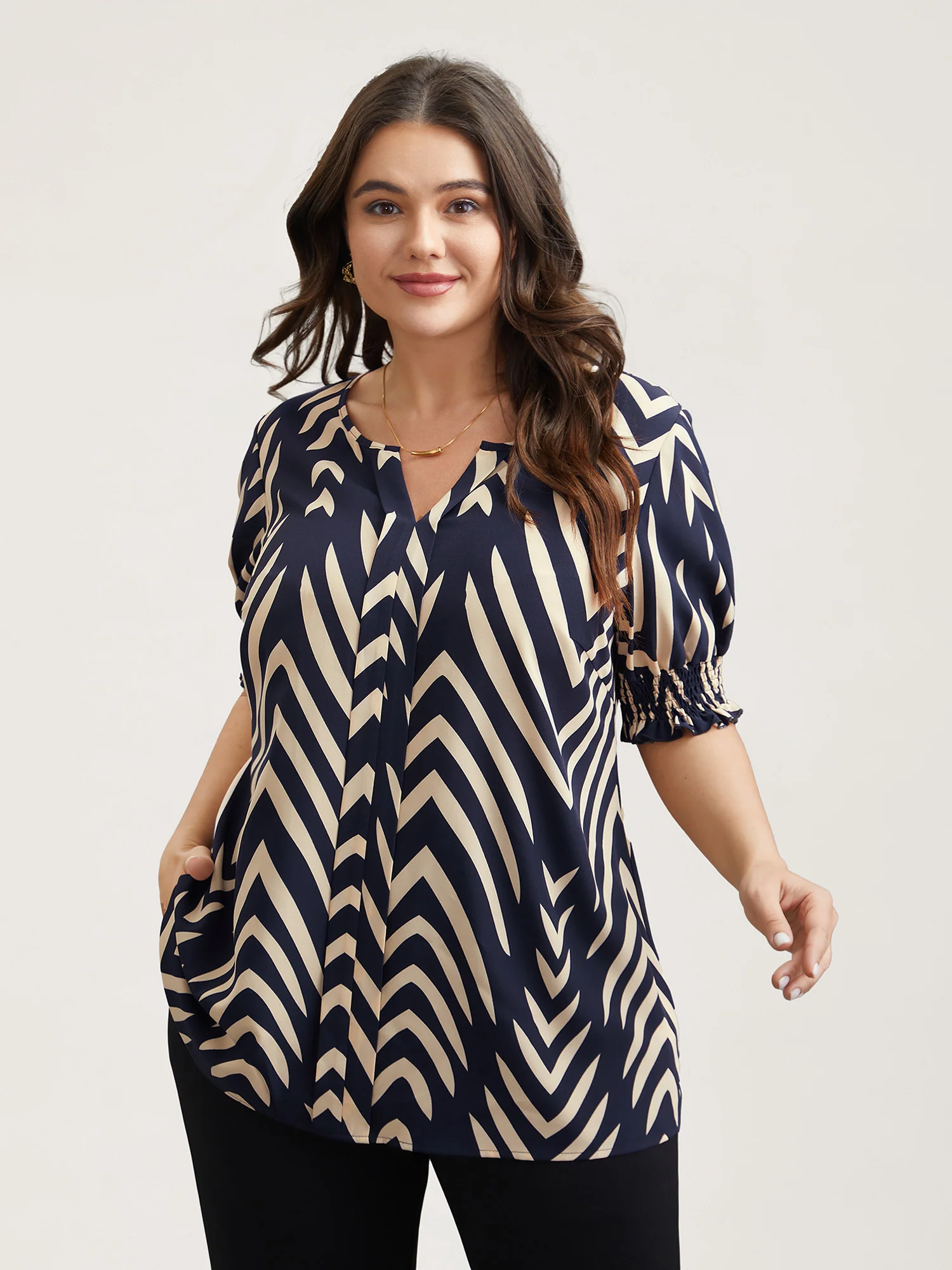 Geometric Print Ruffled Shirred Shirt