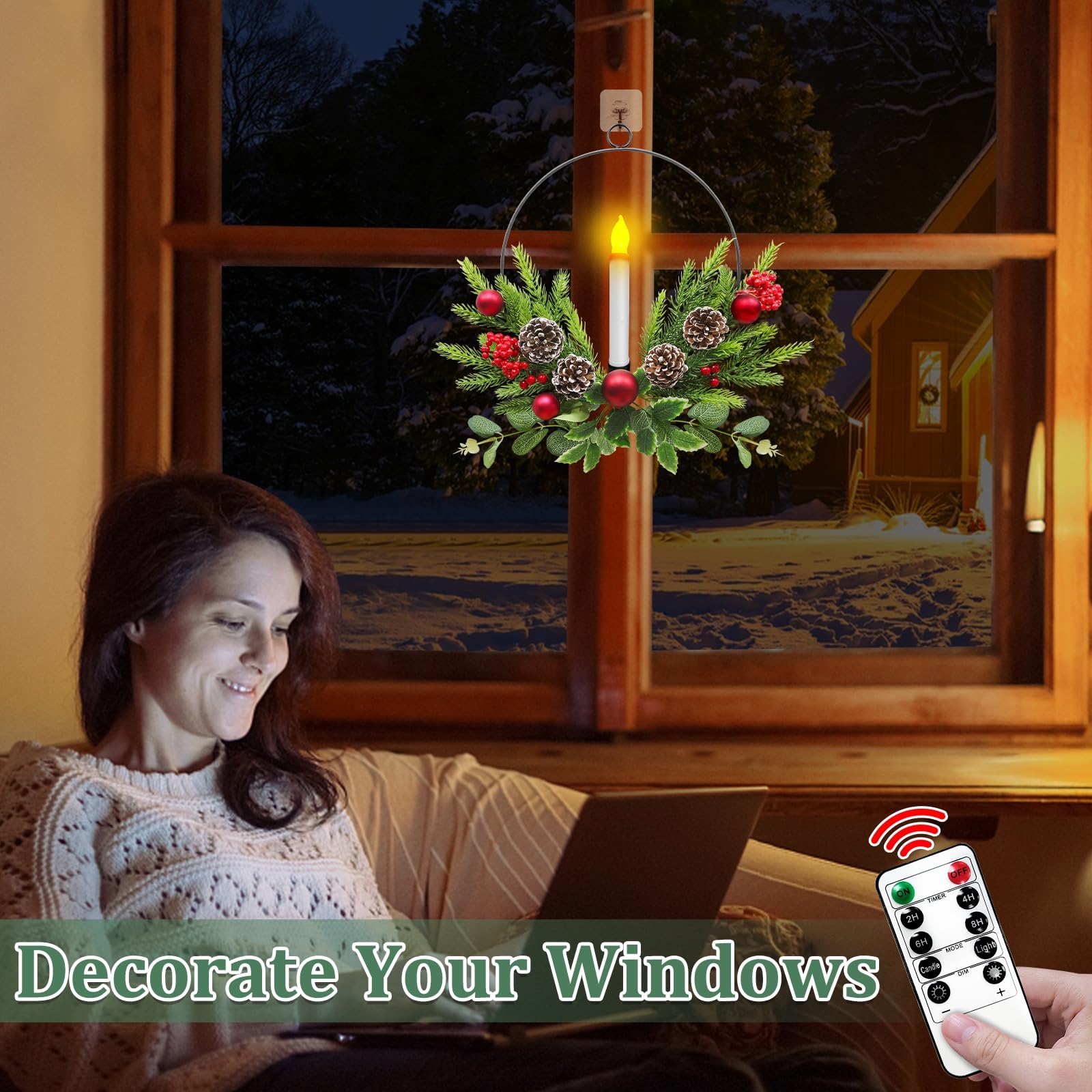 🎄CHRISTMAS ON SALE🎄Christmas Front Door & Window Wreaths with LED Candles & Timer Remote