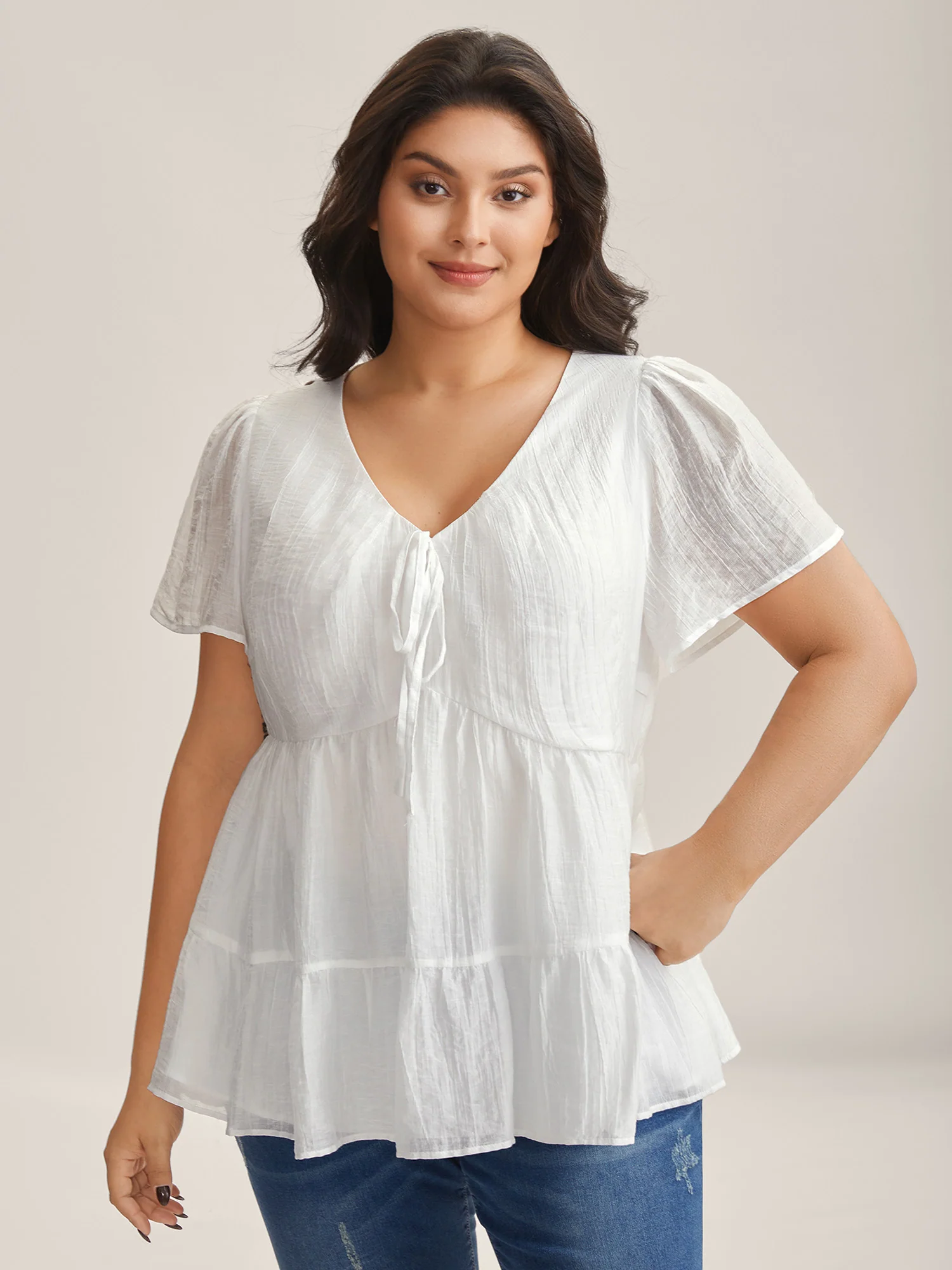 Sheer V-Neck Tie Tiered Blouse