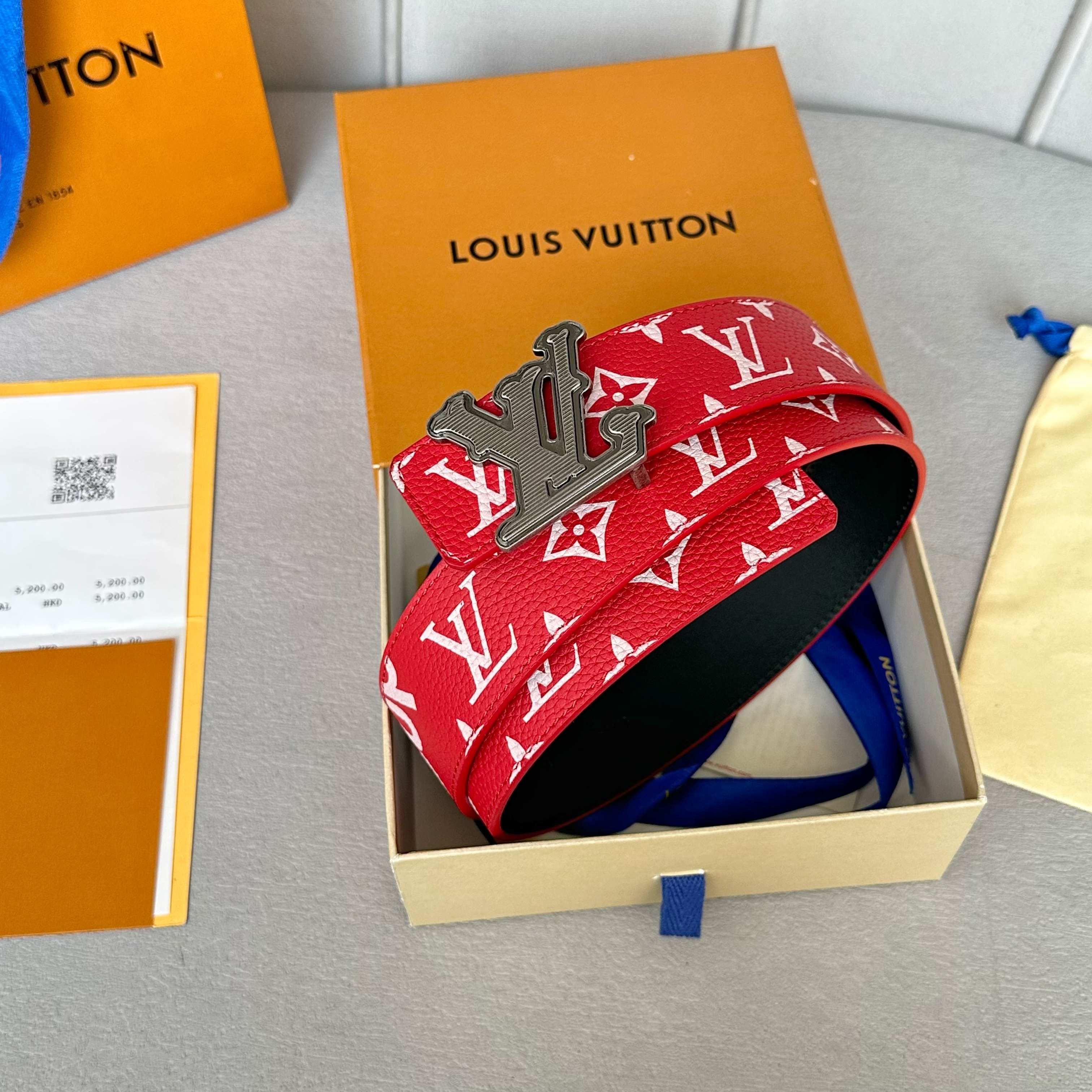 Louis Vuitton Litchi Pattern Double-Sided Cowhide Leather Belt 4CM Width