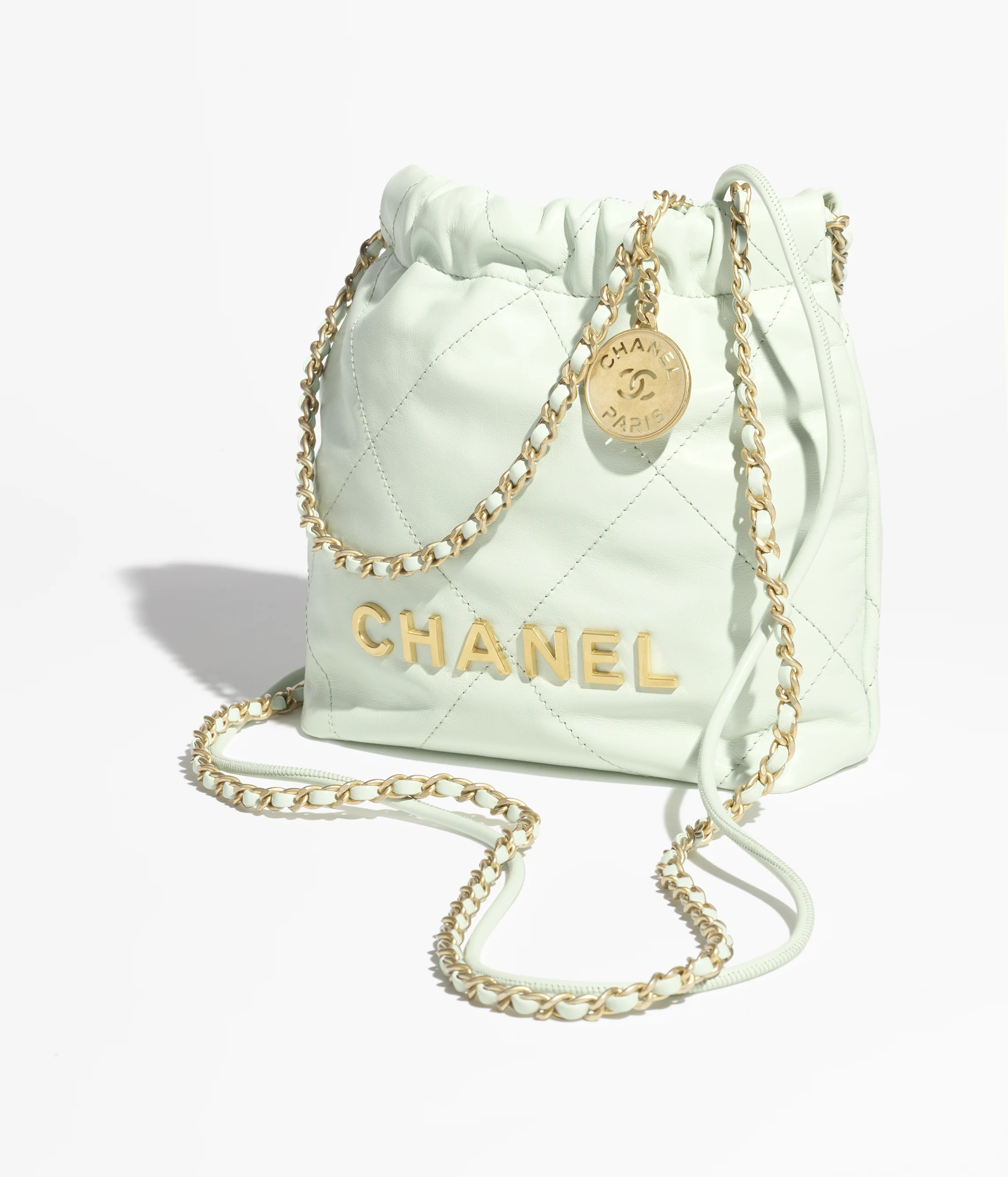 CHANEL 22 Mini Handbag Shiny Calfskin & Gold-Tone Metal Light Green AS3980-B19059-NAGER