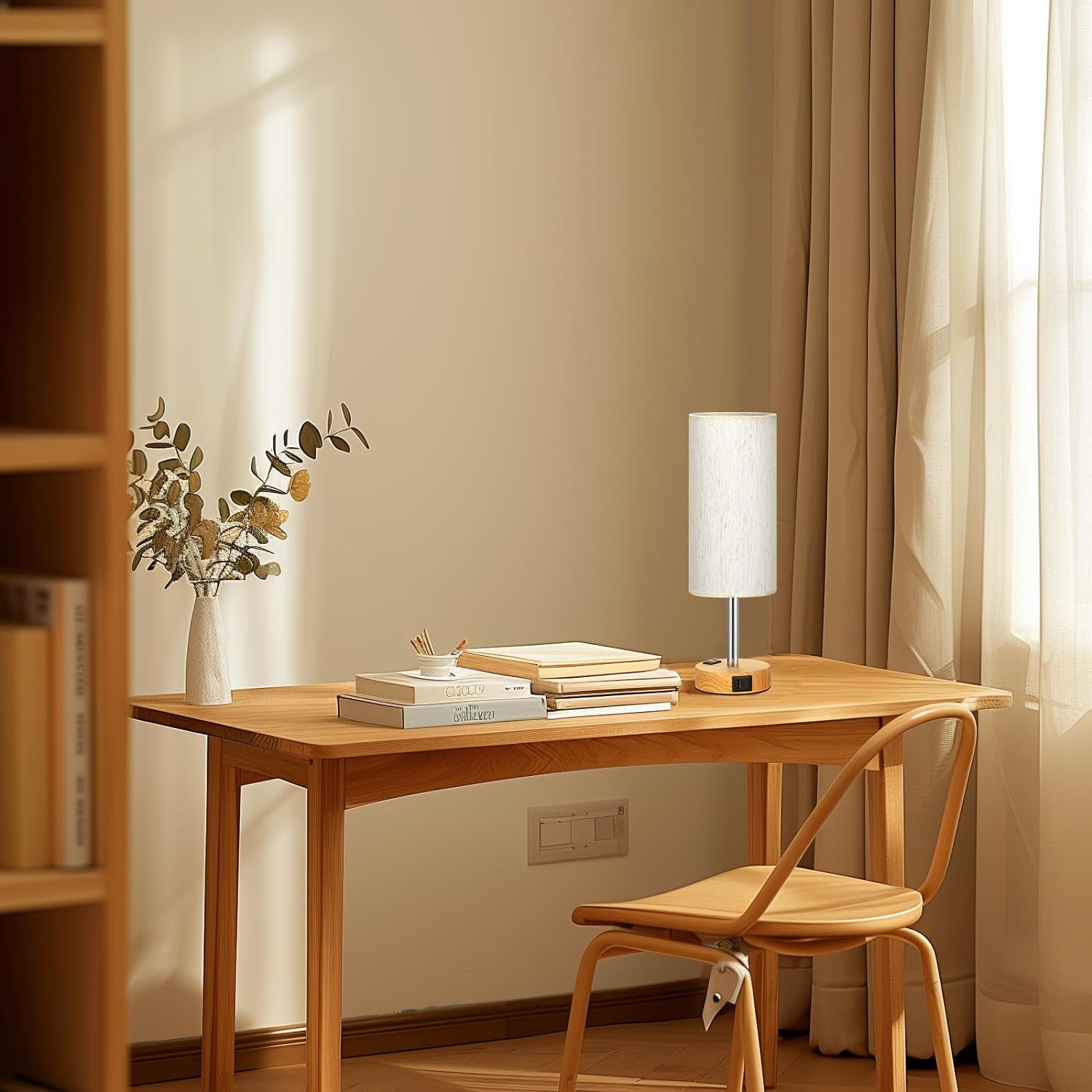 Bedside Table Lamp for Bedroom - 3 Way Dimmable Touch Lamp USB C Charging Ports and AC Outlet, Small Lamp Wood Base Round Flaxen Fabric Shade for Living Room, Desk, LED Bulb Included