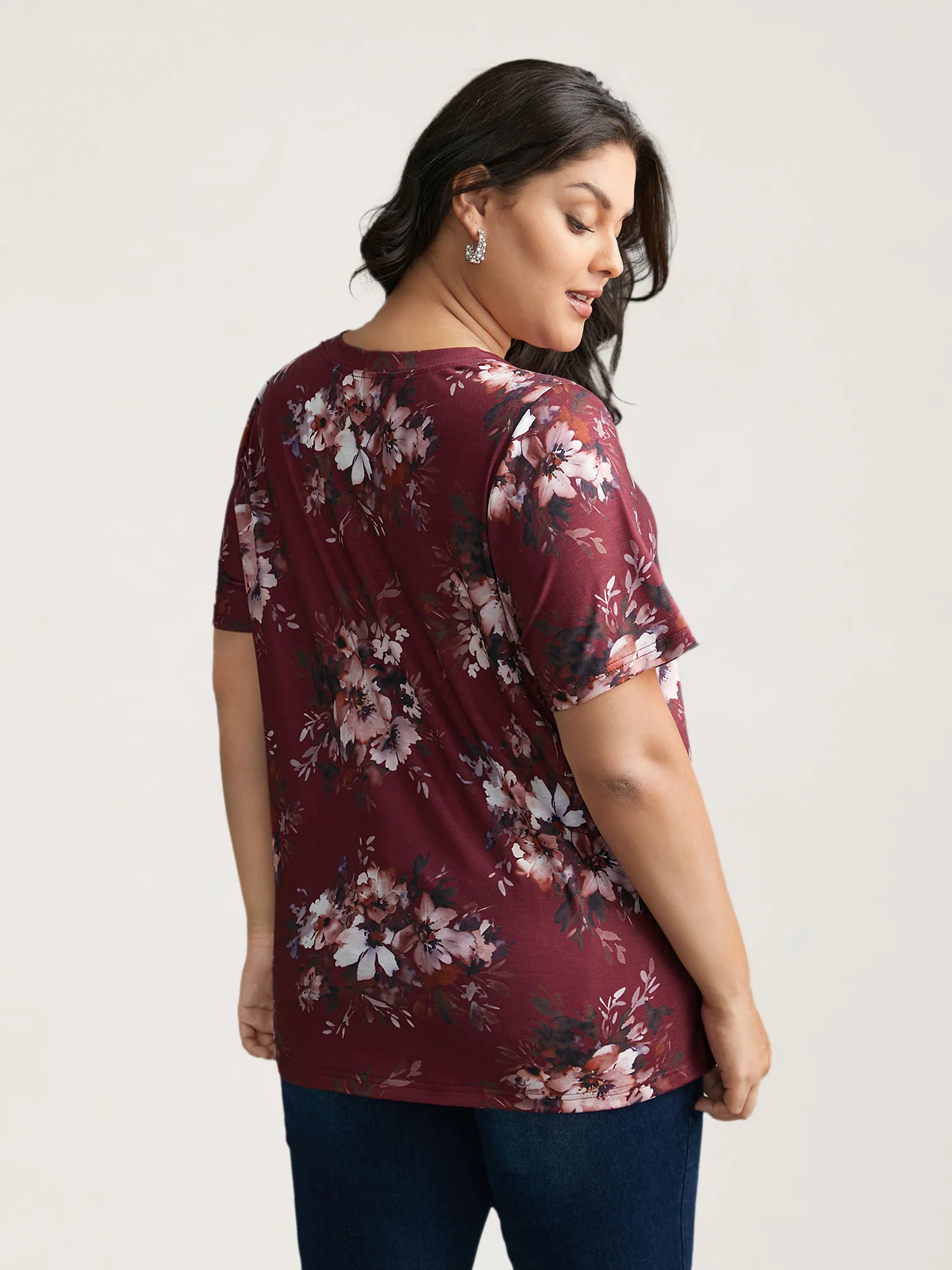 Floral Print V Neck Stretchy T-shirt