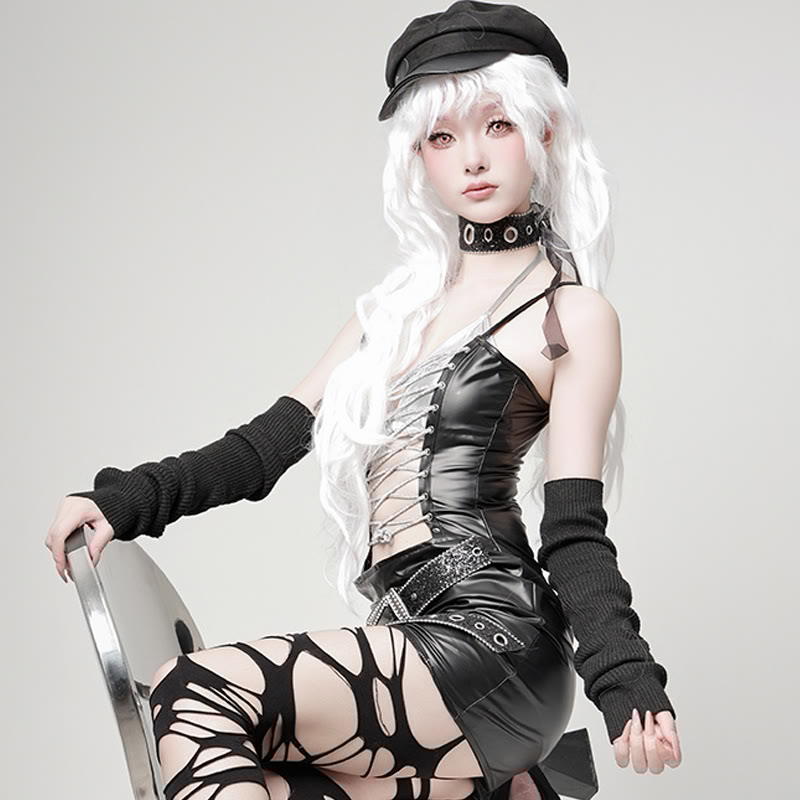 Rhinestone Lace-up Hollow Out Lingerie Dress Set