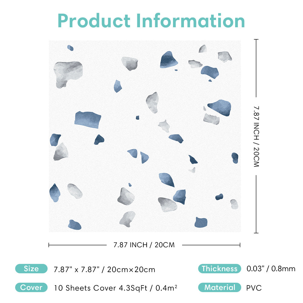 Blue and Grey Terrazzo Peel and Stick Vinyl Floor Tile Sticker