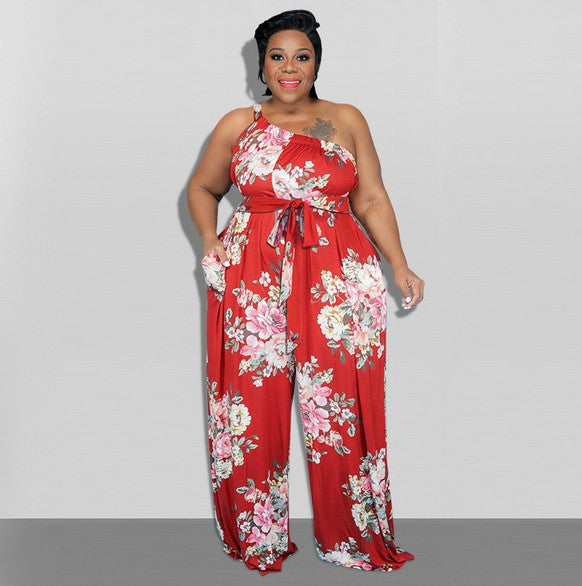Plus Size Women Clothing Summer Large Floral Printing Casual Jumpsuit