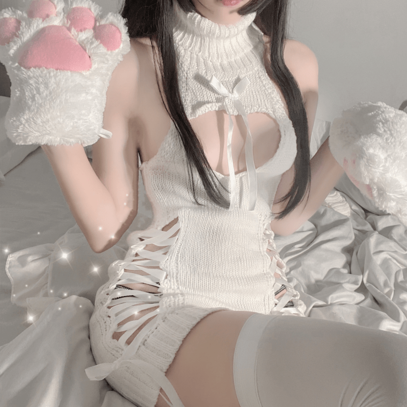 High Neck Hollow Out Halter Knitted Lingerie