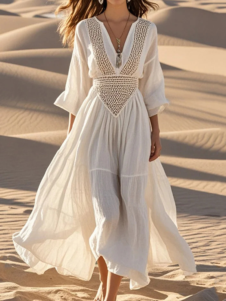 Women's Hollow Out Exra Large Hem Cotton Maxi Dress Spring