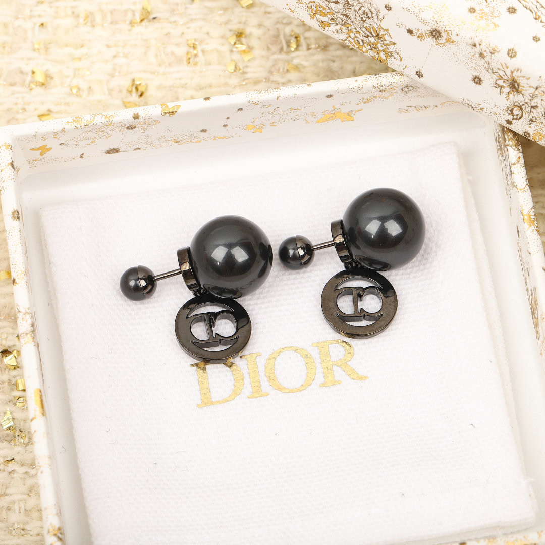 Dior Round Crystal CD Double Ball Pearl Earrings