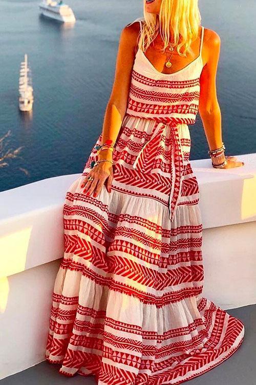 Heididress Bohemia V Neck Tie Waist Printed Maxi Cami Dress