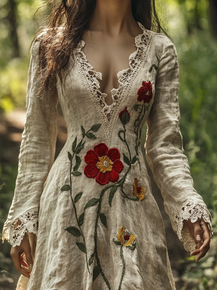 Boho Floral Embroidery Women's Linen Maxi Dress